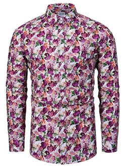 TUNEVUSE Mens Flower Shirt Casual Printed Shirt Cotton Long Sleeve Button Down Floral Dress Shirts