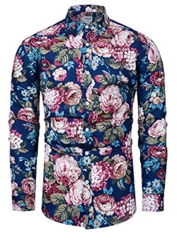 TUNEVUSE Mens Flower Shirt Casual Printed Shirt Cotton Long Sleeve Button Down Floral Dress Shirts