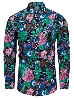 TUNEVUSE Mens Flower Shirt Casual Printed Shirt Cotton Long Sleeve Button Down Floral Dress Shirts