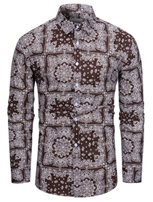 TUNEVUSE Mens Flower Shirt Casual Printed Shirt Cotton Long Sleeve Button Down Floral Dress Shirts