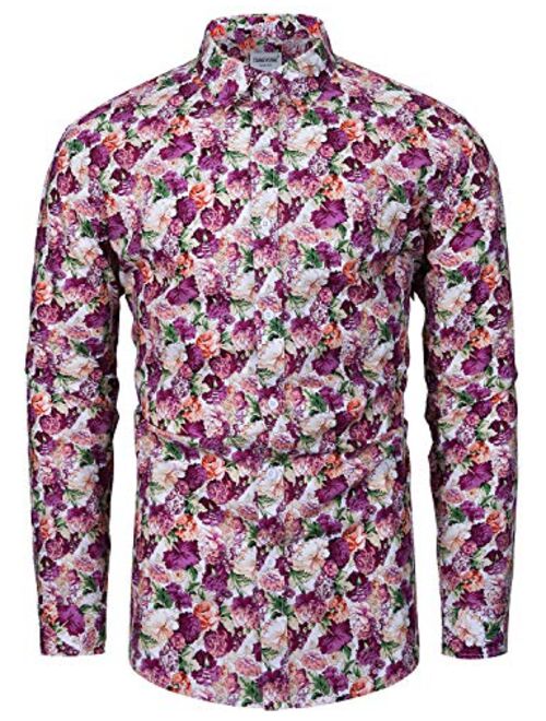 TUNEVUSE Mens Flower Shirt Casual Printed Shirt Cotton Long Sleeve Button Down Floral Dress Shirts