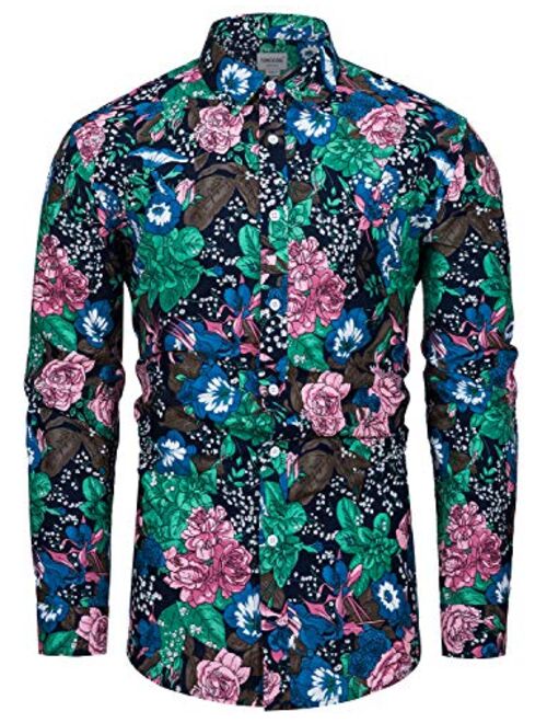 TUNEVUSE Mens Flower Shirt Casual Printed Shirt Cotton Long Sleeve Button Down Floral Dress Shirts