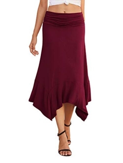 PrinStory Women's Casual Elegant Flowy Handkerchief Hemline Midi Skirt