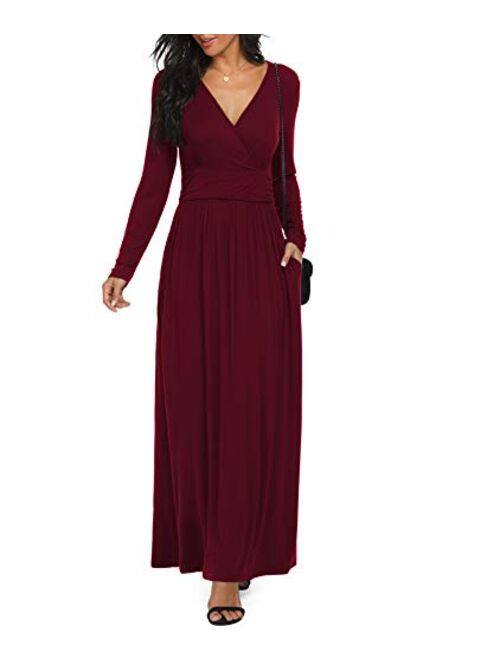 LILBETTER Women Long Sleeve Deep V Neck Loose Plain Long Maxi Casual Dress