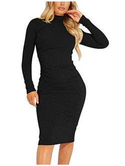 Kaximil Women's Ribbed Basic Casual Mide Dress Long Sleeve Bodycon Ruched Club Dresses