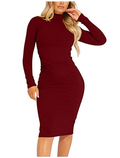 Kaximil Women's Ribbed Basic Casual Mide Dress Long Sleeve Bodycon Ruched Club Dresses