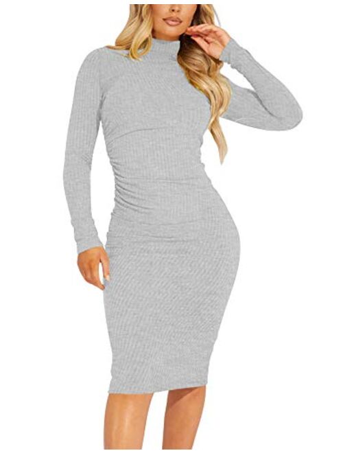 Kaximil Women's Ribbed Basic Casual Mide Dress Long Sleeve Bodycon Ruched Club Dresses