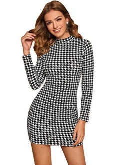 Women's Elegant Vintage Long Sleeve Crew Neck Stretchy Mini Short Bodycon Pencil Dress