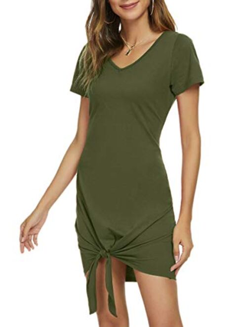 Missufe Women's Casual Short Sleeve V Neck Sundress Side Knot Mini Tshirt Dress