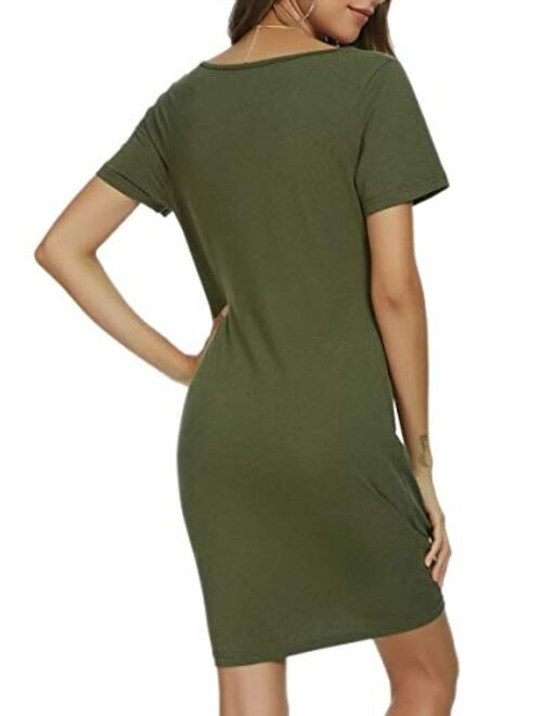 Missufe Women's Casual Short Sleeve V Neck Sundress Side Knot Mini Tshirt Dress