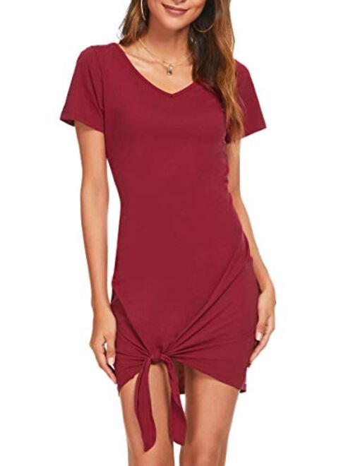 Missufe Women's Casual Short Sleeve V Neck Sundress Side Knot Mini Tshirt Dress