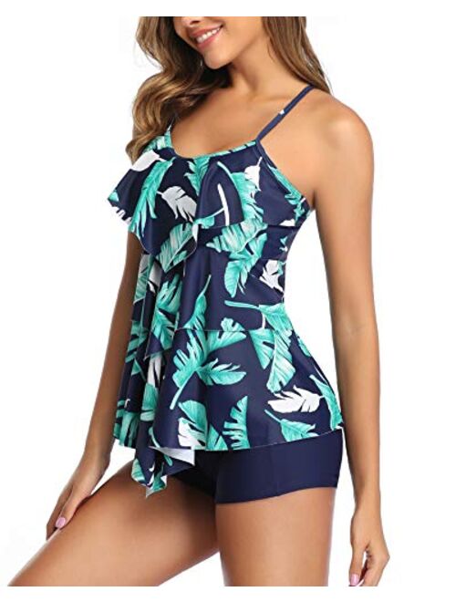 Holipick Women Tankini Swimsuits 2 Piece Flounce Printed Top with Boyshorts Bathing Suits