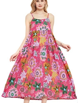 Womens Casual Spaghetti Strap Slip Summer Dresses,Cotton Bohemian Maxi Floral Print Long Beach Swing Dress