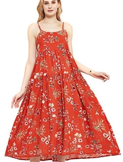 Womens Casual Spaghetti Strap Slip Summer Dresses,Cotton Bohemian Maxi Floral Print Long Beach Swing Dress