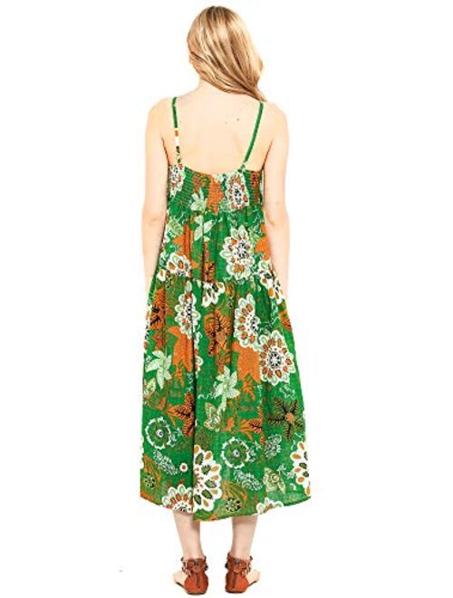 Womens Casual Spaghetti Strap Slip Summer Dresses,Cotton Bohemian Maxi Floral Print Long Beach Swing Dress