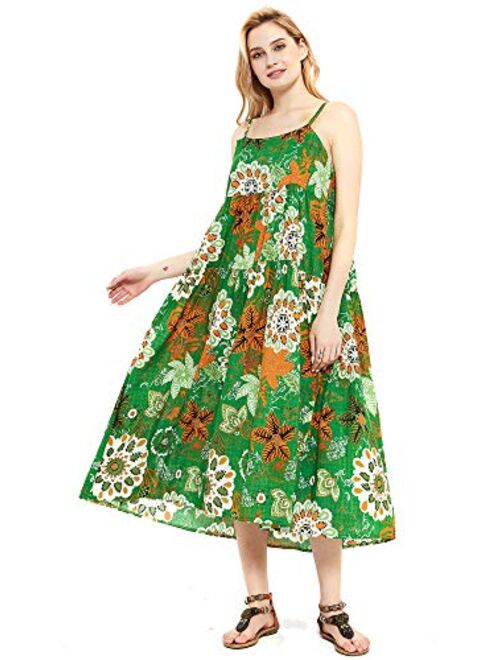 Womens Casual Spaghetti Strap Slip Summer Dresses,Cotton Bohemian Maxi Floral Print Long Beach Swing Dress