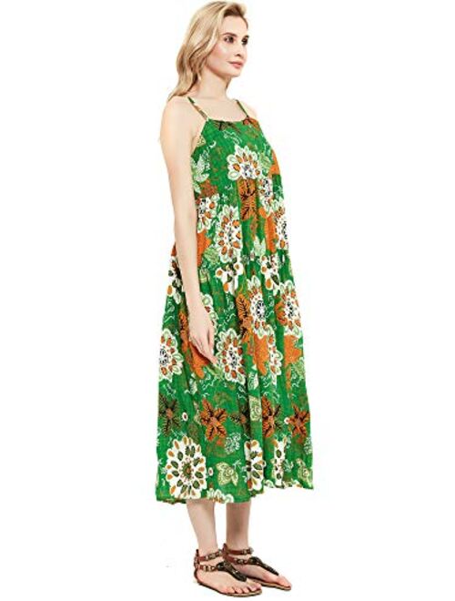 Womens Casual Spaghetti Strap Slip Summer Dresses,Cotton Bohemian Maxi Floral Print Long Beach Swing Dress