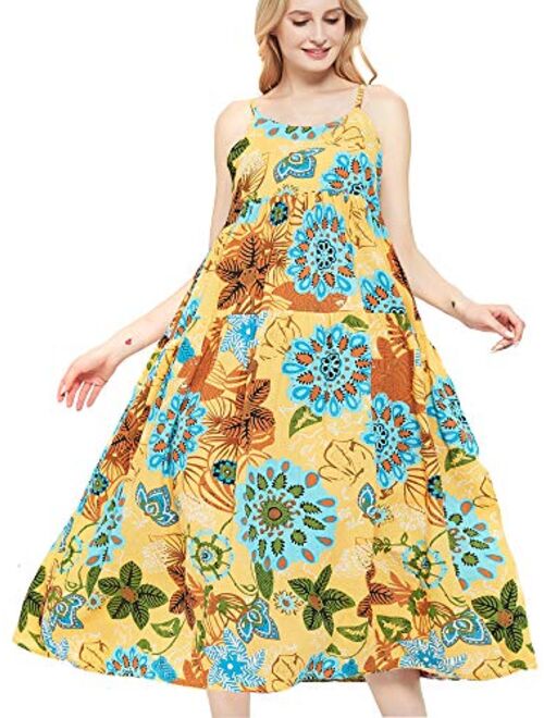 Womens Casual Spaghetti Strap Slip Summer Dresses,Cotton Bohemian Maxi Floral Print Long Beach Swing Dress