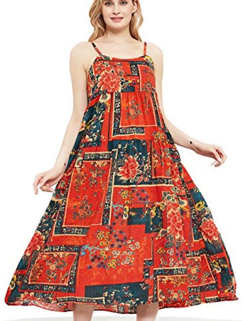 Womens Casual Spaghetti Strap Slip Summer Dresses,Cotton Bohemian Maxi Floral Print Long Beach Swing Dress