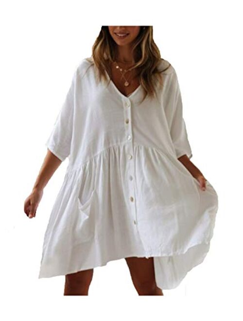 Wander Agio Beach Swimsuit for Women Sleeve Coverups Bikini Cover Up Shirt Button Pocket Down Skirt