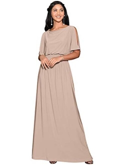 Womens Split Sleeves Smocked Elegant Cocktail Long Maxi Dress