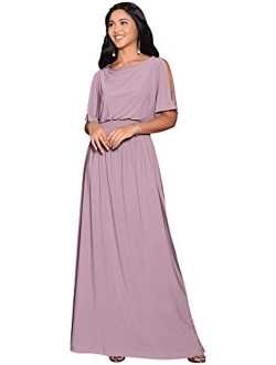 Womens Split Sleeves Smocked Elegant Cocktail Long Maxi Dress