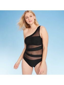 Women's One Shoulder Mesh Inset One Piece Swimsuit - Shade & Shore™ Black