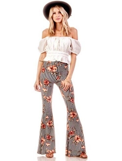 SWEETKIE Boho Flare Pants, Elastic Waist, Wide Leg Pants for Women, Solid & Printed, Stretchy and Soft