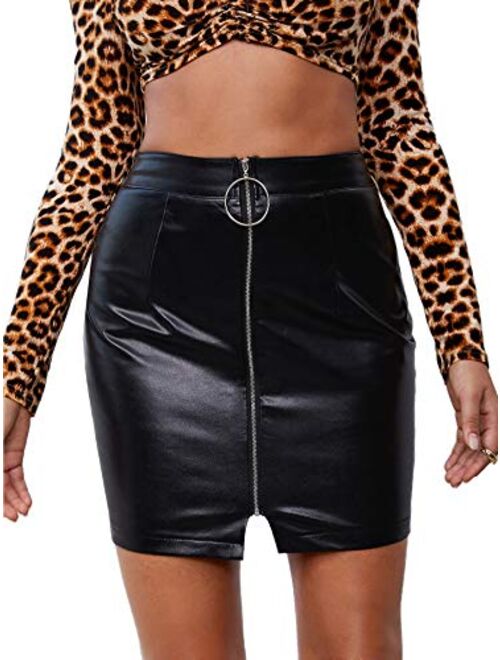 SheIn Women's High Waist Zipper Front Faux Leather Mini Skirt