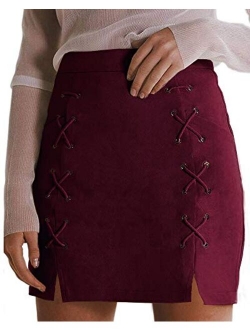 MANGOPOP Women's Classic High Waist Lace Up Bodycon Faux Suede A Line Mini Pencil Skirt