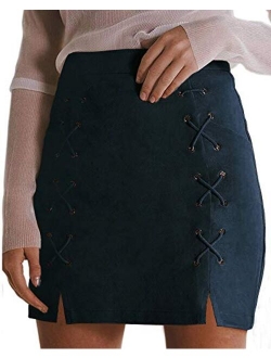 MANGOPOP Women's Classic High Waist Lace Up Bodycon Faux Suede A Line Mini Pencil Skirt