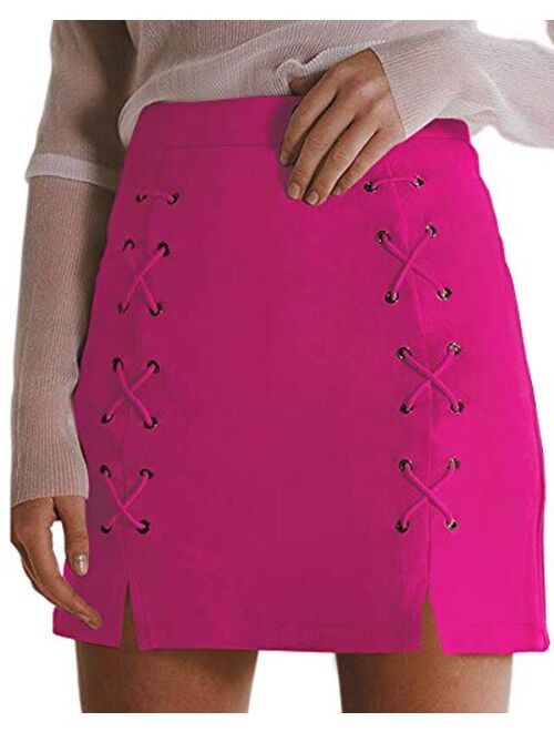 MANGOPOP Women's Classic High Waist Lace Up Bodycon Faux Suede A Line Mini Pencil Skirt