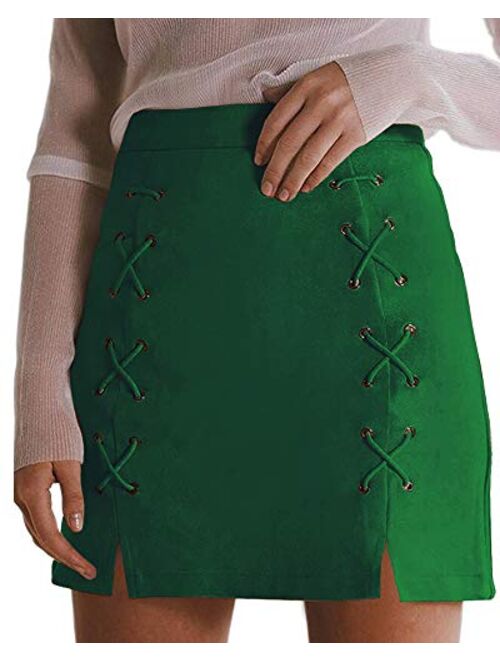 MANGOPOP Women's Classic High Waist Lace Up Bodycon Faux Suede A Line Mini Pencil Skirt