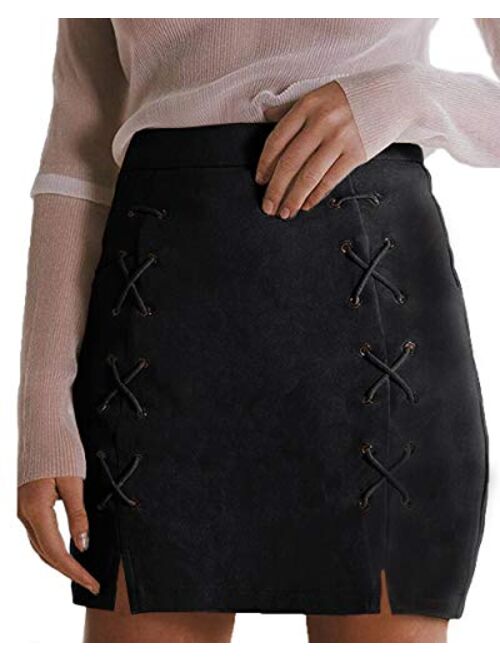 MANGOPOP Women's Classic High Waist Lace Up Bodycon Faux Suede A Line Mini Pencil Skirt