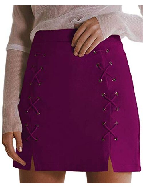 MANGOPOP Women's Classic High Waist Lace Up Bodycon Faux Suede A Line Mini Pencil Skirt