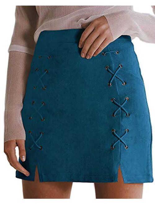 MANGOPOP Women's Classic High Waist Lace Up Bodycon Faux Suede A Line Mini Pencil Skirt