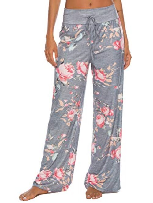 LOCUBE Womens Casual Floral Print Wide Leg Palazzo Lounge Pants Drawstring Long Pajama Pants