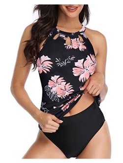 Yonique High Neck Tankini Swimsuits for Women Halter Bathing Suits Two Piece Floral Print Swimwear