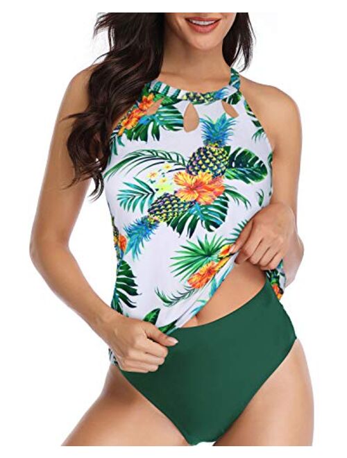 Yonique High Neck Tankini Swimsuits for Women Halter Bathing Suits Two Piece Floral Print Swimwear