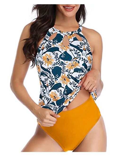 Yonique High Neck Tankini Swimsuits for Women Halter Bathing Suits Two Piece Floral Print Swimwear