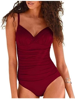 Women's One Piece Swimsuits Front Twist Swimwear V Neck Shirred Bathing Suit Monokini Tummy Control