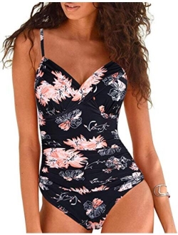 Women's One Piece Swimsuits Front Twist Swimwear V Neck Shirred Bathing Suit Monokini Tummy Control