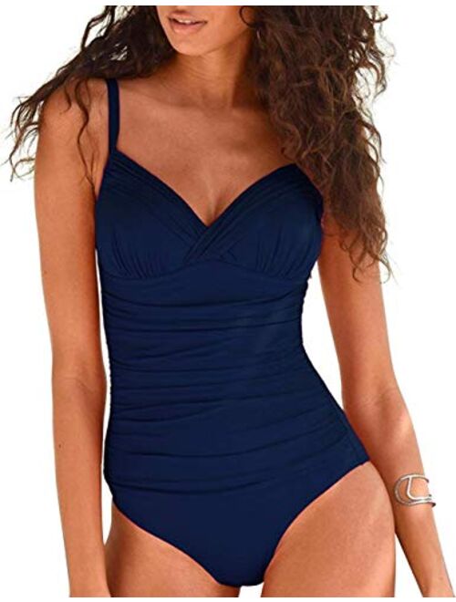 Hilor Women's One Piece Swimsuits Front Twist Swimwear V Neck Shirred Bathing Suit Monokini Tummy Control