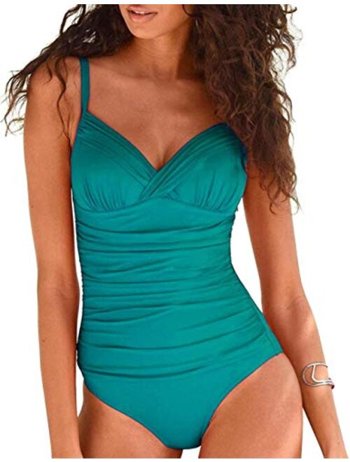 Hilor Women's One Piece Swimsuits Front Twist Swimwear V Neck Shirred Bathing Suit Monokini Tummy Control