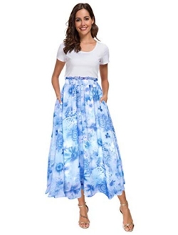 Afibi Women High Waist Floral Print Swing Chiffon Beach Midi Long Skirt with Pockets