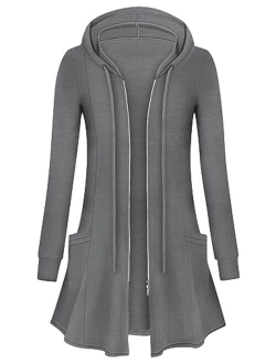 Cucuchy Womens Long Hoodies Casual Zip Up Tunic Sweatshirt Open Front Cardigan