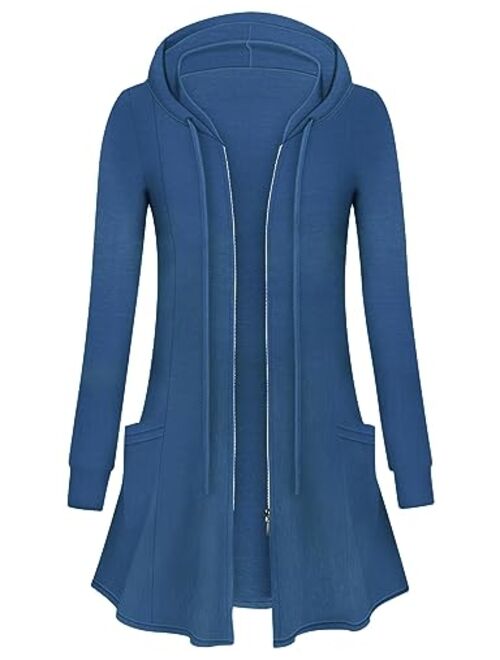 Cucuchy Womens Long Hoodies Casual Zip Up Tunic Sweatshirt Open Front Cardigan