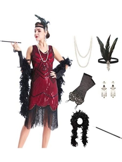 OKQ Women's Vintage 1920s Sequin Beaded Tassels Hem Flapper Dress w/Accessories Set 083