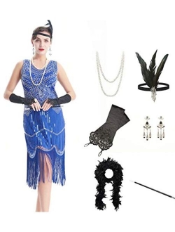 OKQ Women's Vintage 1920s Sequin Beaded Tassels Hem Flapper Dress w/Accessories Set 083