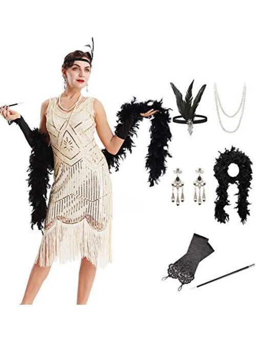 OKQ Women's Vintage 1920s Sequin Beaded Tassels Hem Flapper Dress w/Accessories Set 083